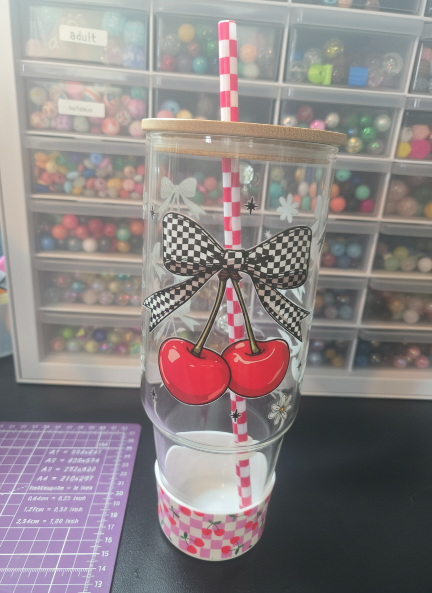 Cherry Bow 40oz Glass Tumbler w/Straw, Boot and Bamboo Lid