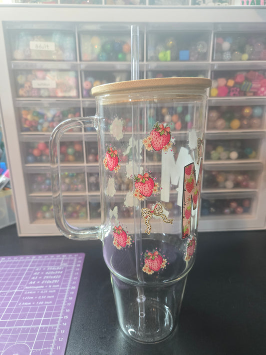 Strawberry Mom 40oz Glass Tumbler w/Straw and Bamboo Lid