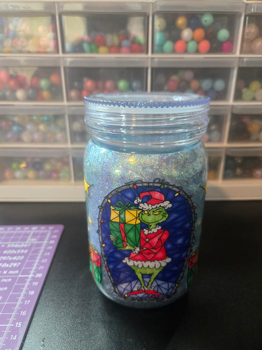 Green Guy *IMPERFECT* Acrylic Mason Jar Mug w/Straw - Dry Glitter