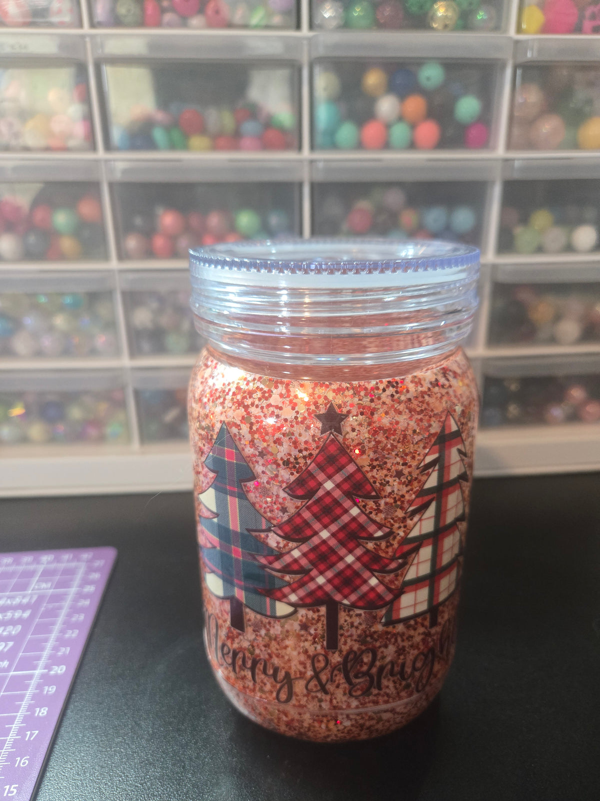 Christmas Trees Acrylic Mason Jar Mug w/Straw - Dry Glitter
