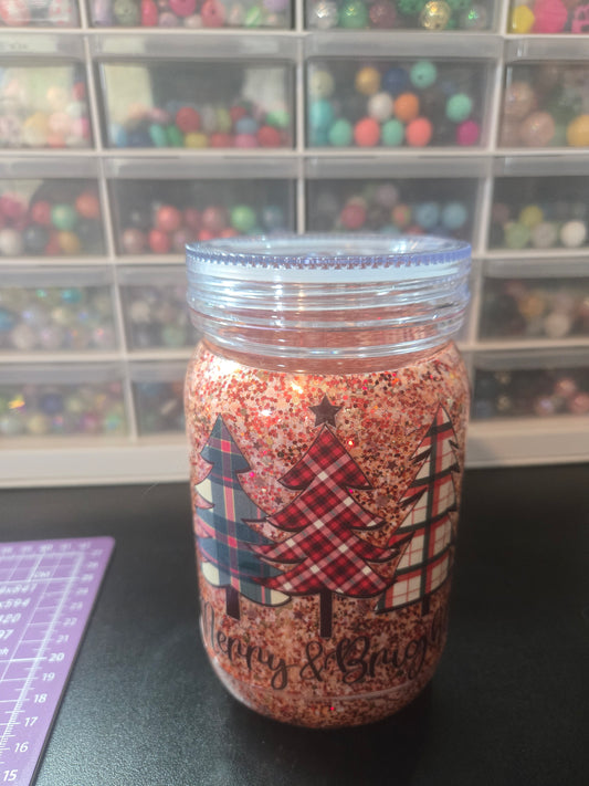 Christmas Trees Acrylic Mason Jar Mug w/Straw - Dry Glitter