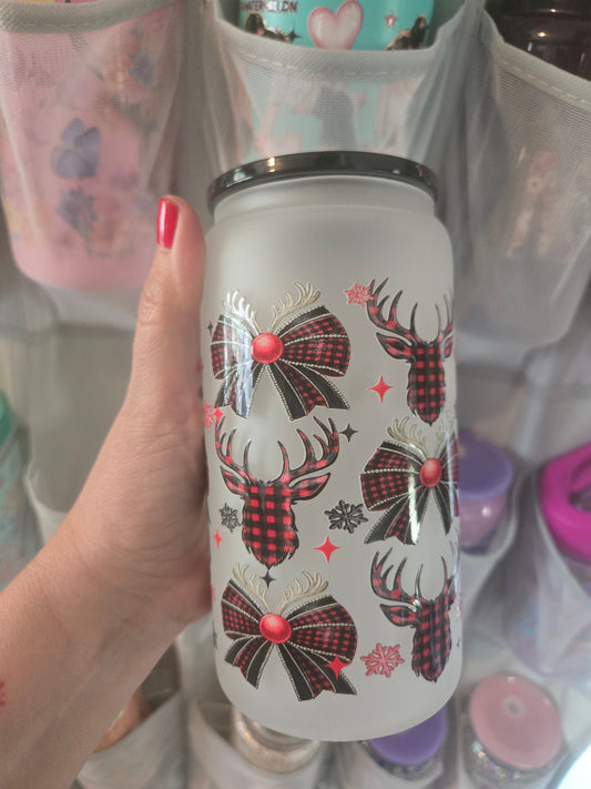 Christmas Deer and Bows 16oz Frosted Glass w/Straw