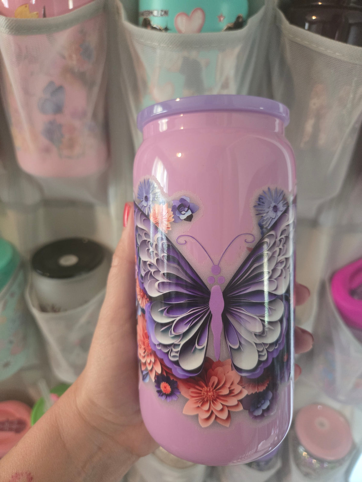 Butterfly 16oz Glass Tumbler w/Straw