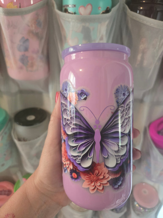Butterfly 16oz Glass Tumbler w/Straw