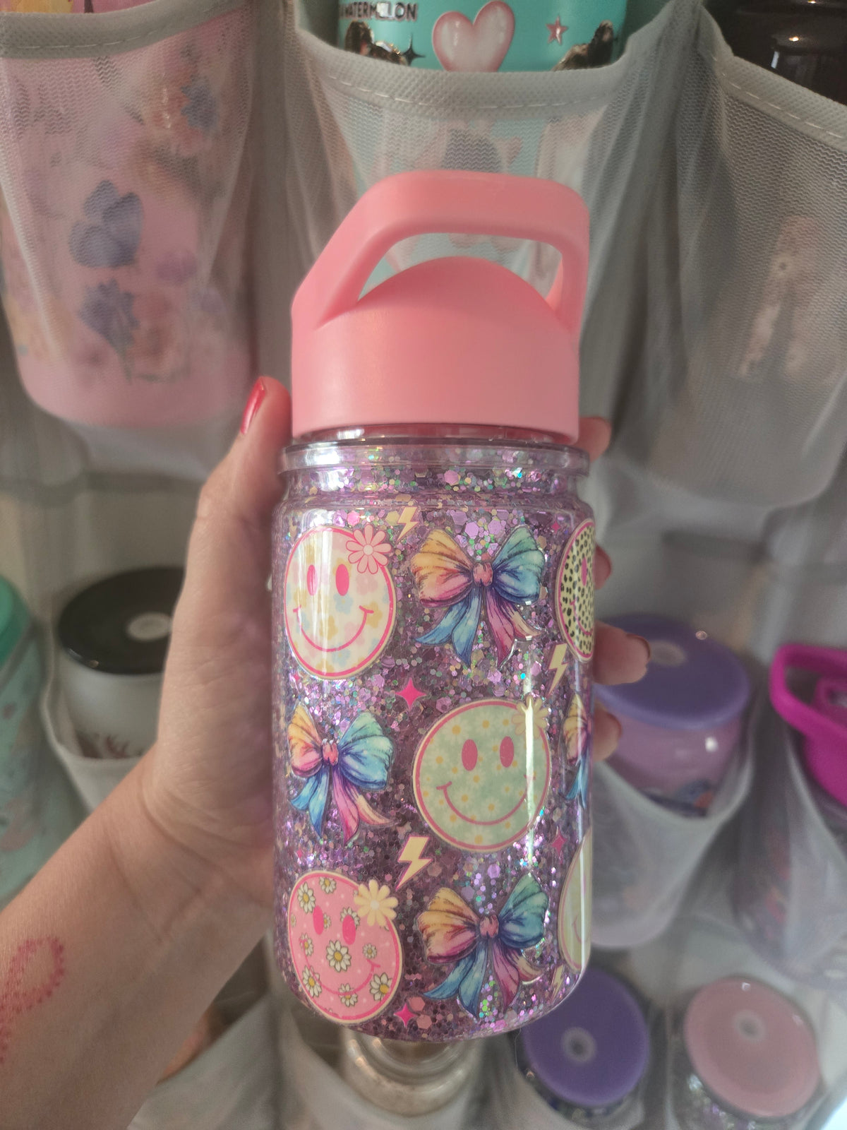 Smiley Faces and Bows Acrylic Kids Flip Straw Cup - Dry Glitter