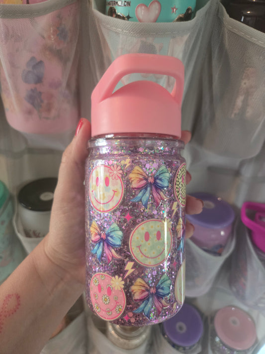 Smiley Faces and Bows Acrylic Kids Flip Straw Cup - Dry Glitter
