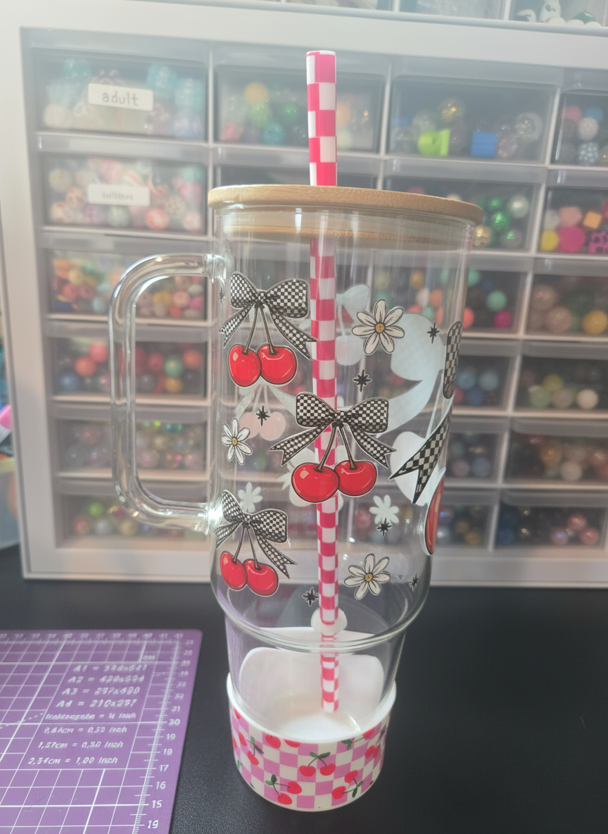 Cherry Bow 40oz Glass Tumbler w/Straw, Boot and Bamboo Lid