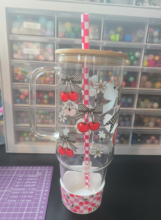 Cherry Bow 40oz Glass Tumbler w/Straw, Boot and Bamboo Lid