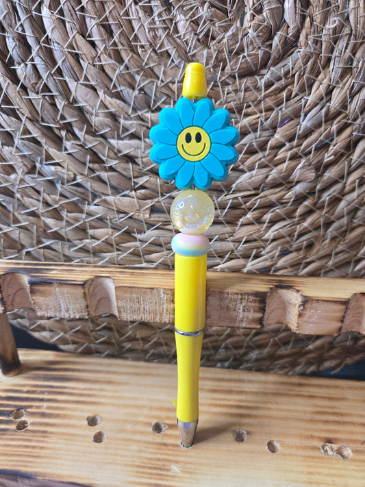Smiley Face Teal Flower Pen